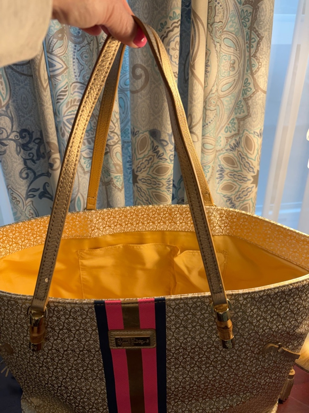 Lilly Pulitzer Gold Tote with Pink and Navy Center Stripe - Picture 2 of 6